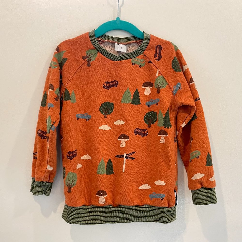 Polarn O. Pyret Organic Cotton Sweatshirt with Happy Mushrooms, Trucks, & Trees